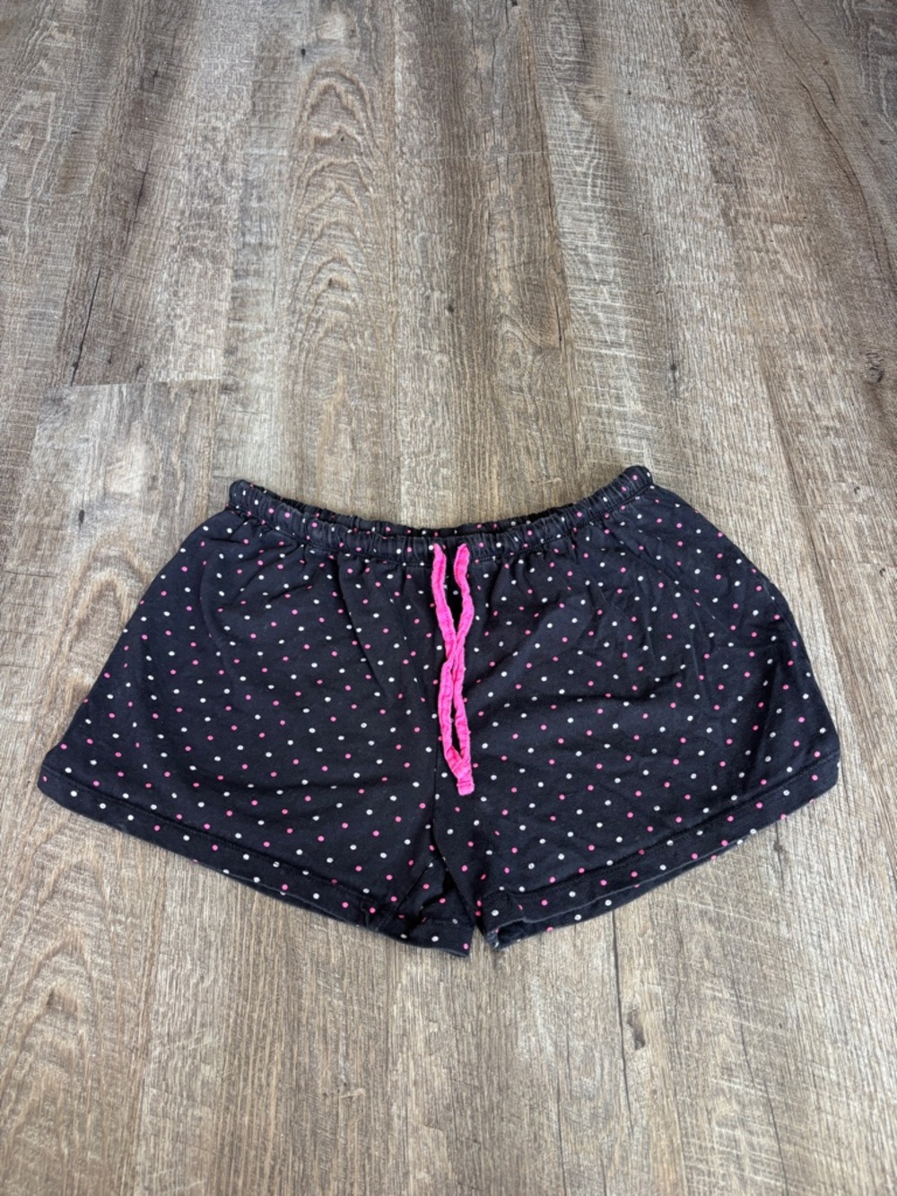 Black + pink polka dot shorts with drawstring waistband